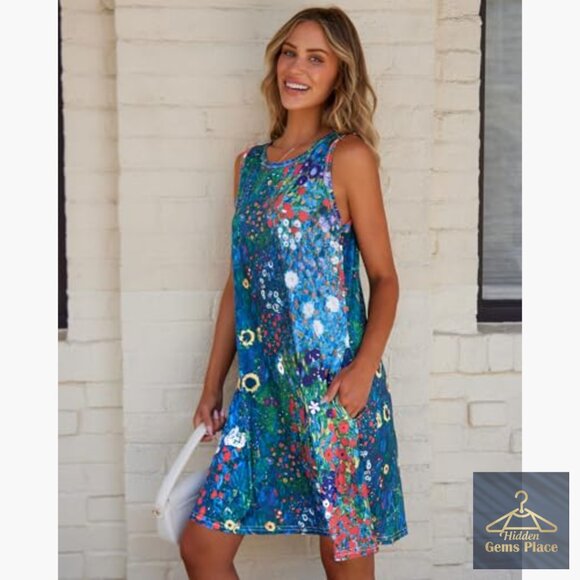 Floral Print Sleeveless Sundress with Pockets Loose Fit Summer Casual - Picture 4 of 7
